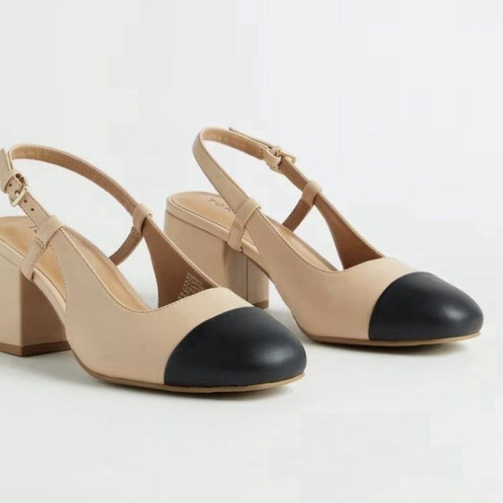 Torrid Womens 10WW Tan Beige Black Cap Toe Slingback Block Heel Pumps Shoes NWT
